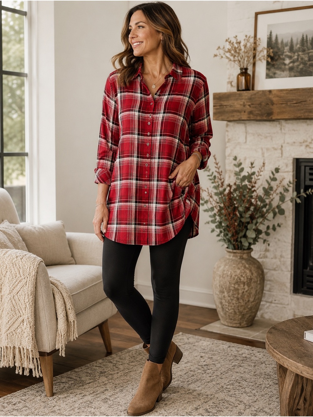 J. Jill Red Plaid Petite Medium Tunic Button Up Top